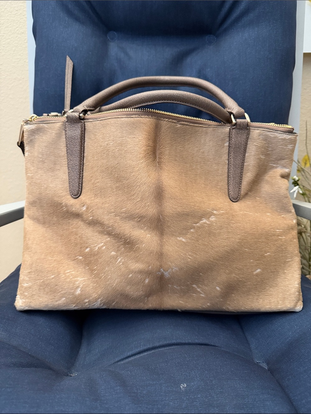 Coach Taupe Haircalf Top Handle Tote with Leather Trim - Picture 2 of 6